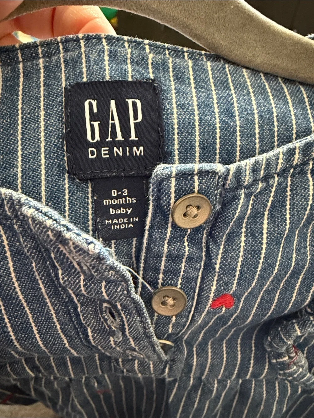 GAP Blue Pinstripe Baby Romper with Red Heart Accents